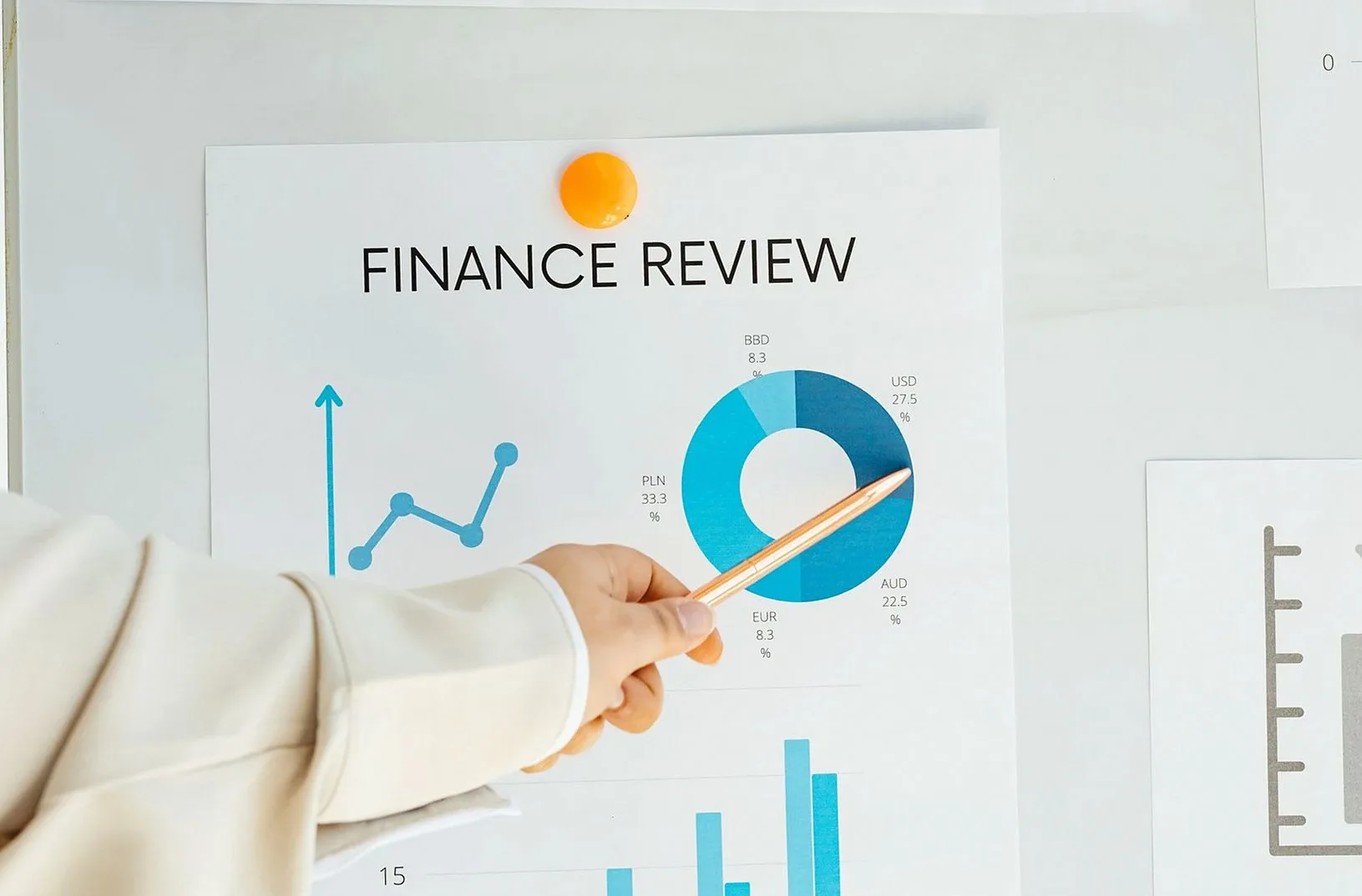 「FINANCE REVIEW」と書かれた資料のグラフを指す手元